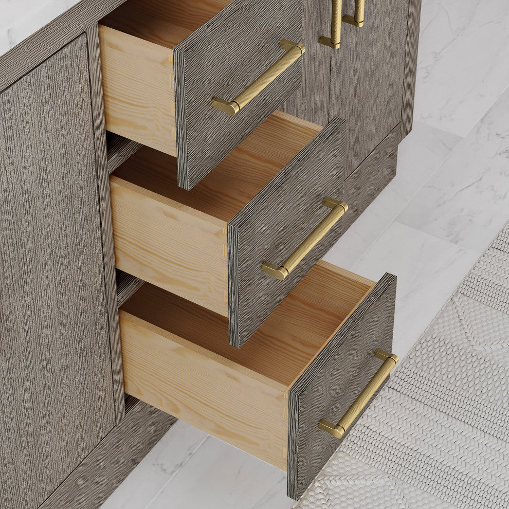 60 Double Sink White Marble Vanity, Gray Oak With Gooseneck Faucets and Mirrors