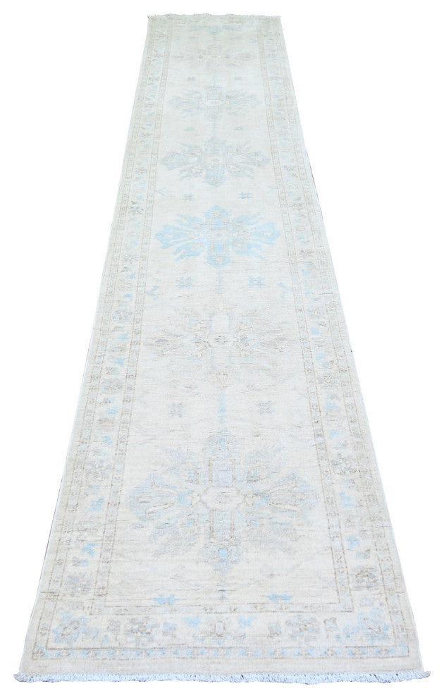Ivory, White Wash Peshawar Extra Soft Wool Hand Knotted Runner Rug, 2'4"x11'7"