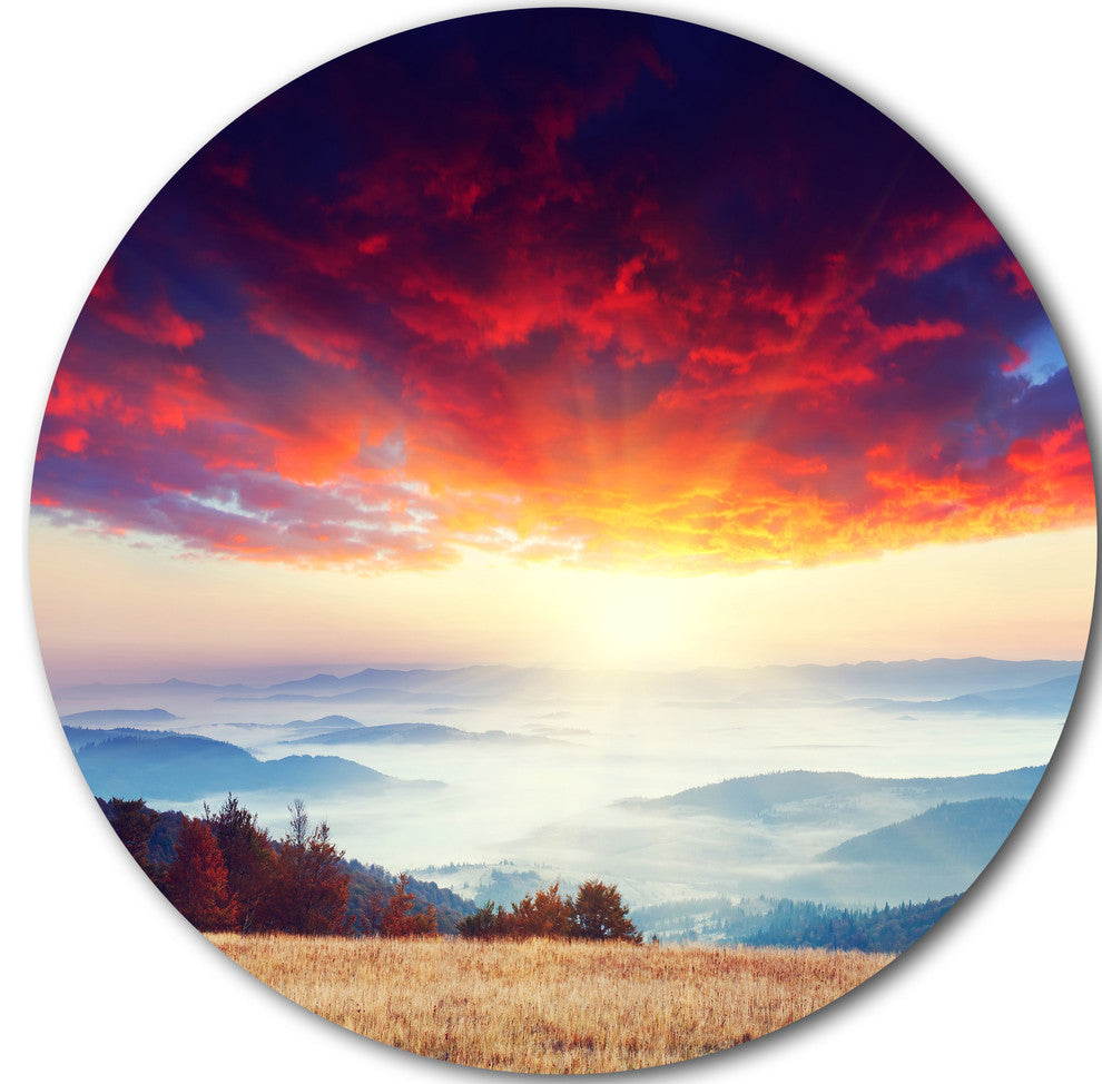 Colorful Clouds And Foggy Hills, Landscape Photo Round Wall Art, 11"