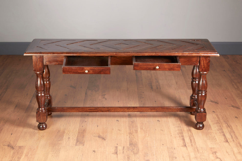 Parquet Top Two Drawer Console, Pecan Finish