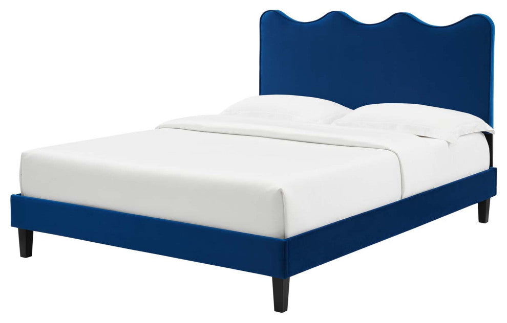 Platform Bed Frame, King Size, Blue Navy, Velvet, Modern, Bedroom Guest Suite