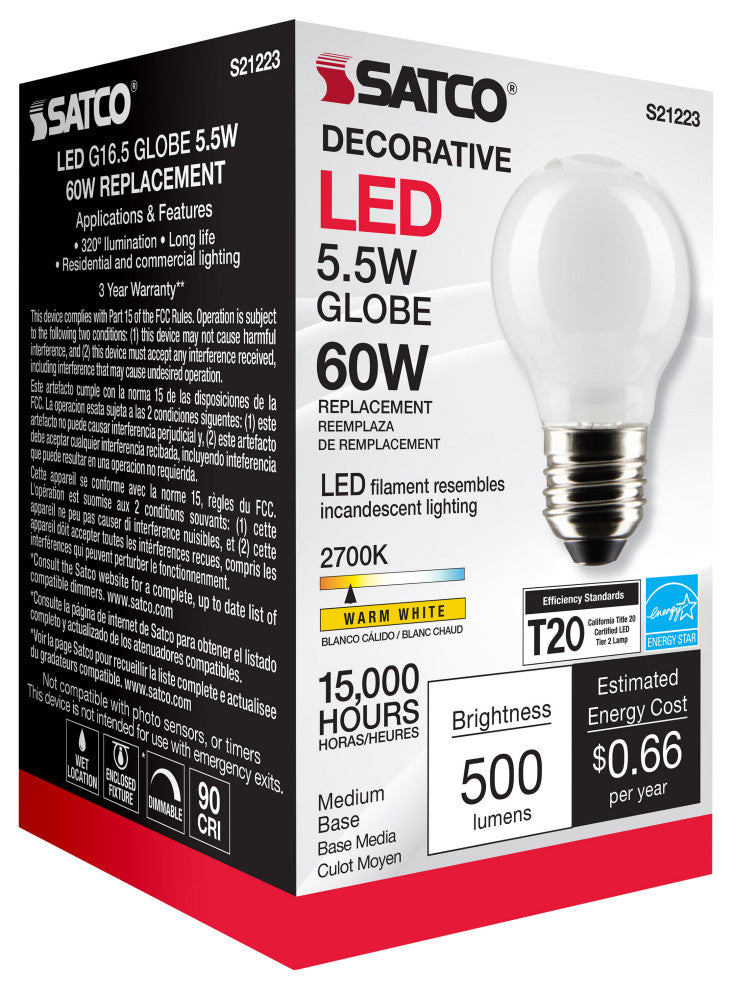 5.5W G16.5 LED, White, Medium Base, 90 CRI, 2700K, 120V