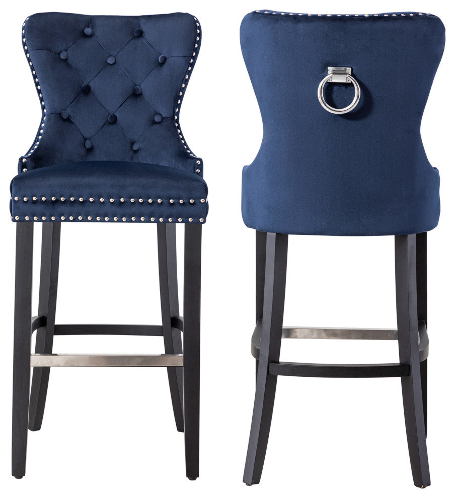 WestinTrends 2PC 29" Wingback Diamond Tufted Glam Velvet Bar Stool Set, Black, Velvet Navy Blue