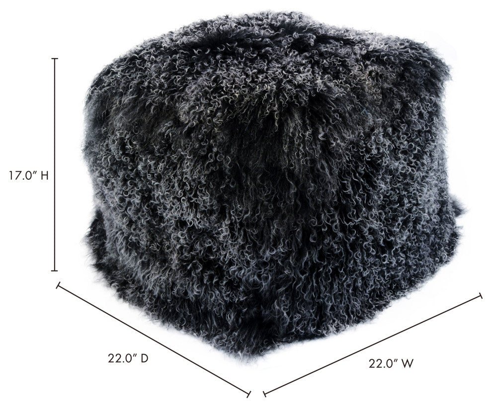 Contemporary Lamb Fur Pouf Black Snow - Black