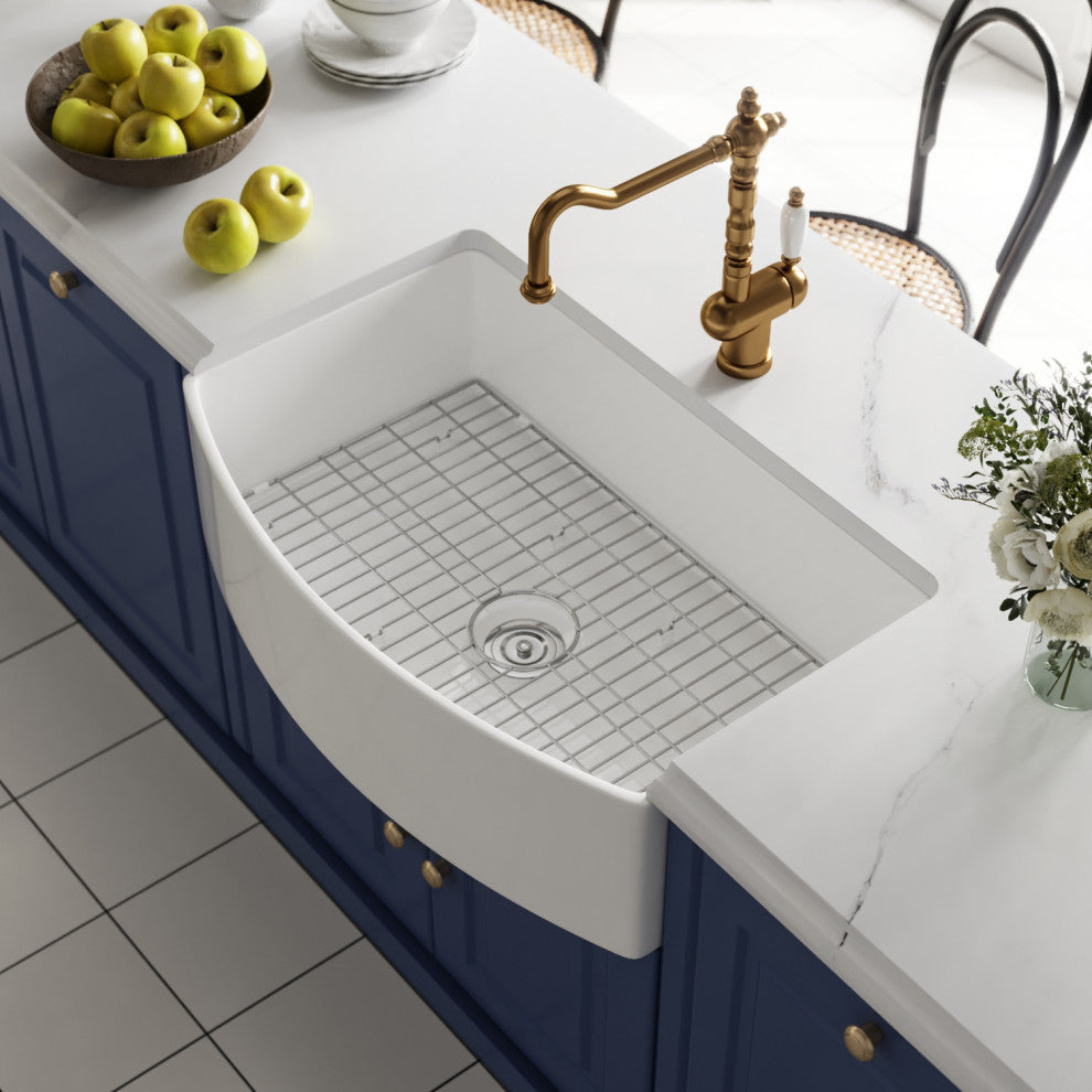 33" x 21" Farmhouse Ceramic Rectangular Kitchen Sink with Sink Grid and Strainer