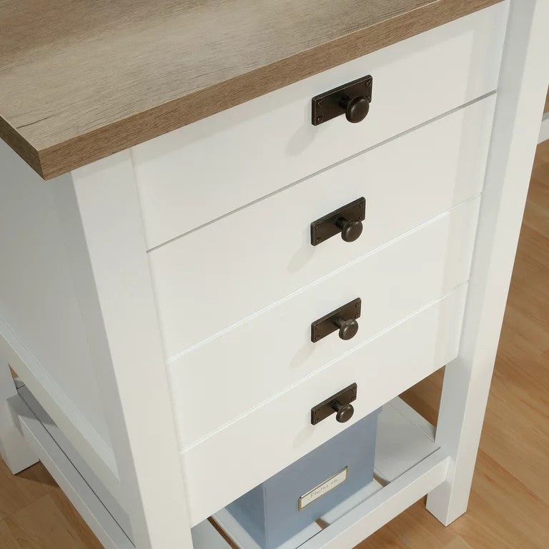 Classic Desk, L-Shaped Design With Storage Drawers & Round Handles, White Oak