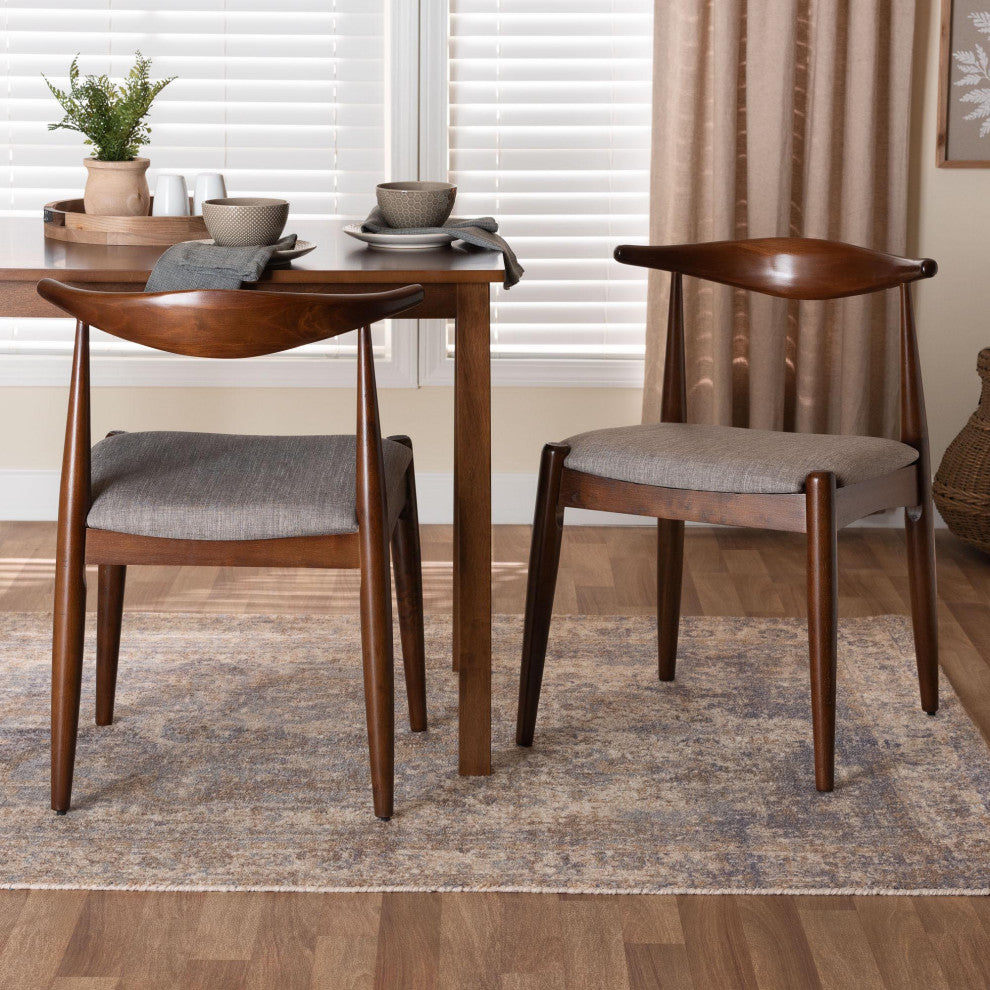 Nicola Mid-Century Modern Light Gray and Walnut Dining Chairs, Set of 2