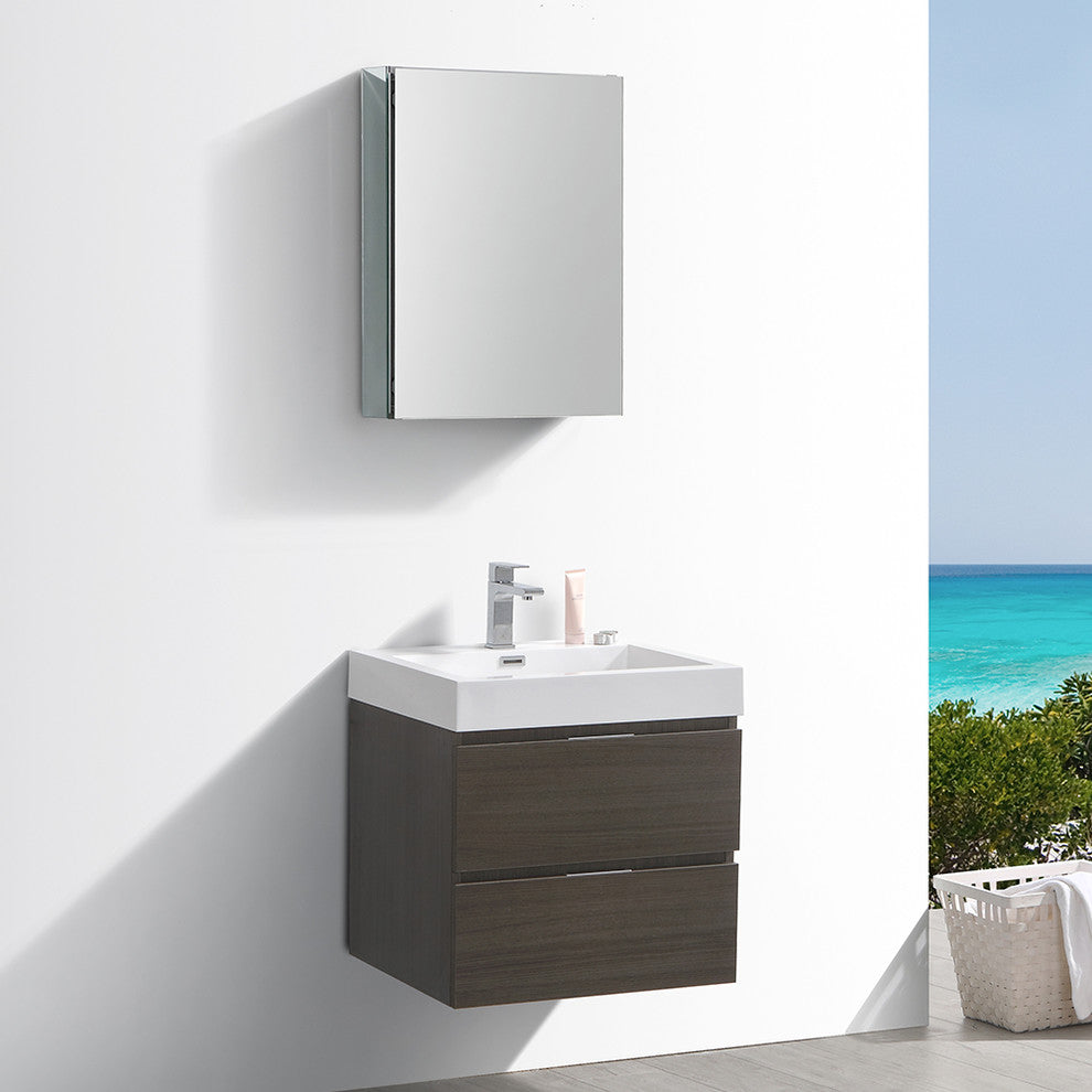 Valencia 24" Gray Oak Wall Hung Bathroom Vanity Set, Cabinet, Faucet, FFT1030BN