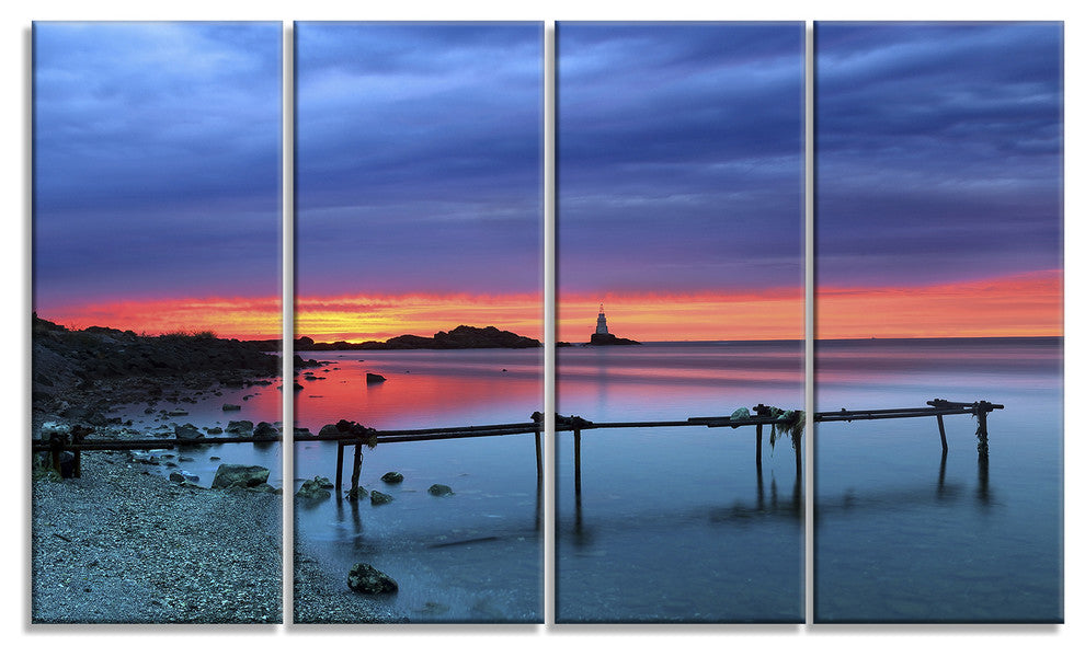 Blue Sky and Waters Panorama, Modern Seashore Canvas Art, 48"x28", 4 Panels