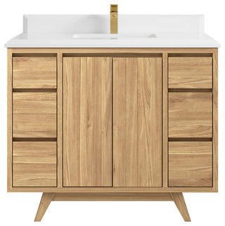 Madison Teak 42 Single Sink Bath Vanity in Light Natural 1.5" White Quartz