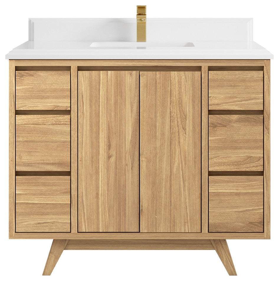 Madison Teak 42 Single Sink Bath Vanity in Light Natural 1.5" White Quartz