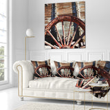 Old Brown Cart Wheel Landscape Printed Throw Pillow, 16"x16"