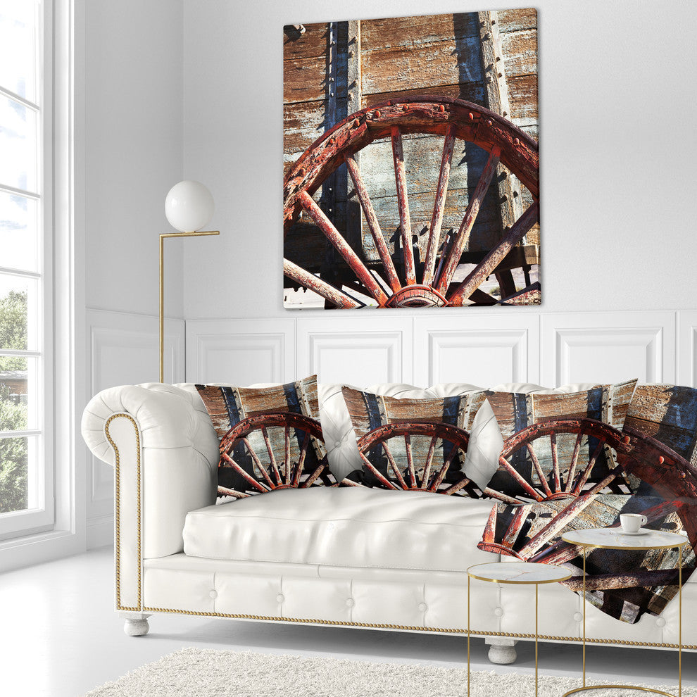 Old Brown Cart Wheel Landscape Printed Throw Pillow, 16"x16"