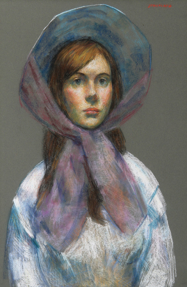 Thomas Strickland "Girl With Bonnet" Pastel Drawing
