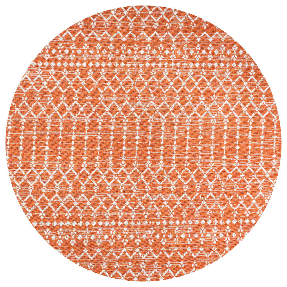 Ourika Moroccan Geometric Indoor/Outdoor Rug, Orange/Cream, 5' Round