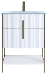 Serenity Bath Vanity, White Matte, Brass, White Glass Sink Top, 1-Hole