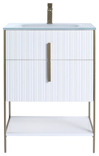 Serenity Bath Vanity, White Matte, Brass, White Glass Sink Top, 1-Hole