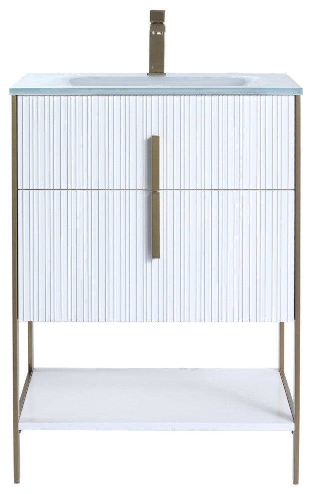 Serenity Bath Vanity, White Matte, Brass, White Glass Sink Top, 1-Hole