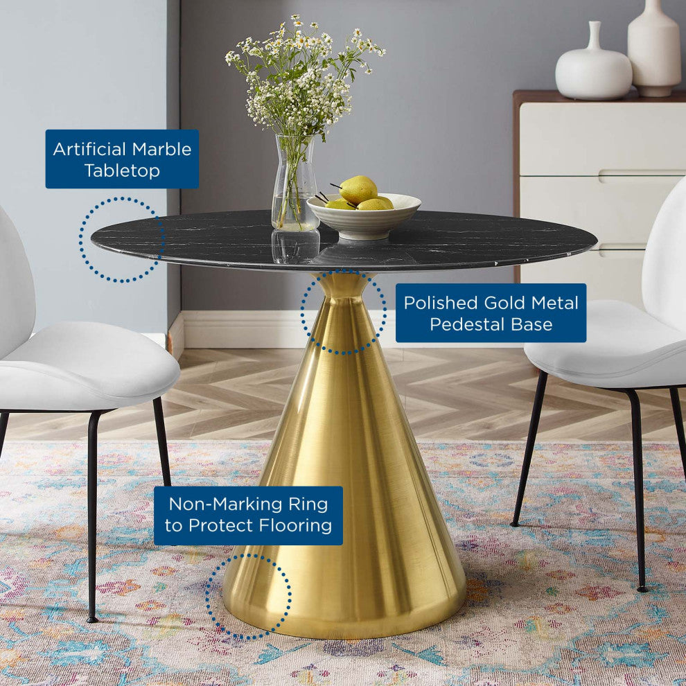 Dining Table, Oval, Artificial Marble, Metal, Gold Black, Cafe Bistro Restaurant