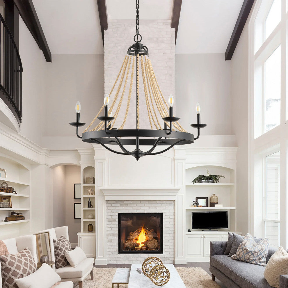 Matte Black Farmhouse Candle Chandelier With Wood Beads Design