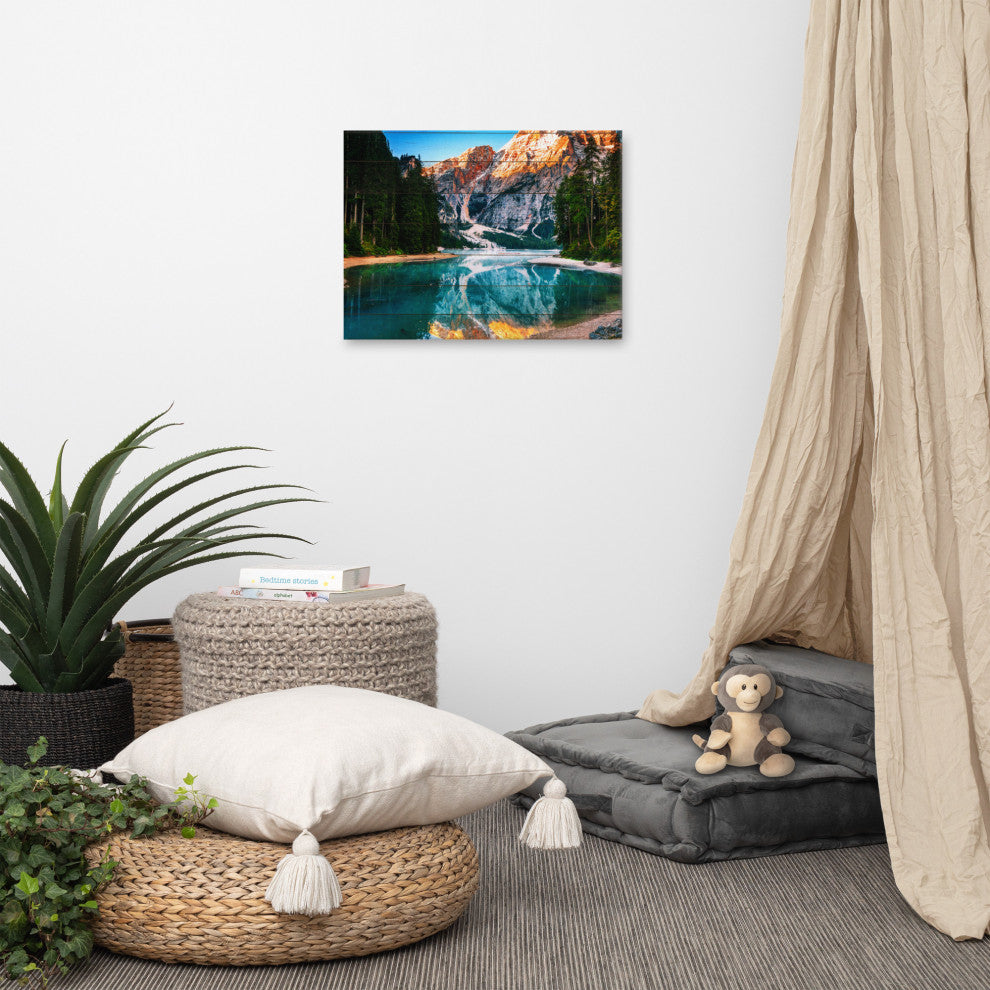 Faux Wood Misty Lake and Snow-cap Mountain Reflections Canvas Prints, 18" X 24"