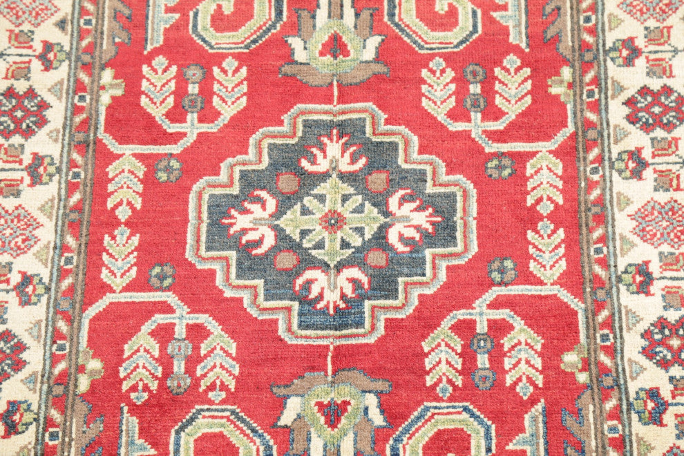 Hand Made Kazak Oriental Traditional Pakistani Area Rug, Red, 4'11"x3'3