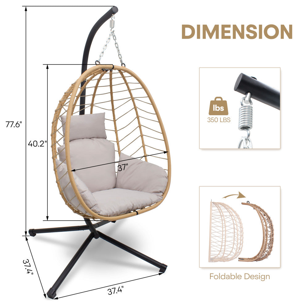 Hanging Egg Chairwith Stand Outdoor Indoor Use Adjustable Height 350lbs Capacity, Beige