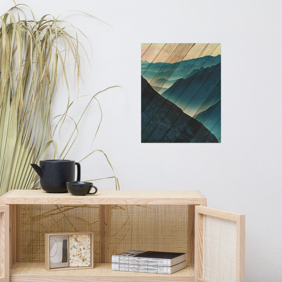 Faux Wood Misty Blue Silhouette Mountain Range Landscape Wall Art, 16" X 20"