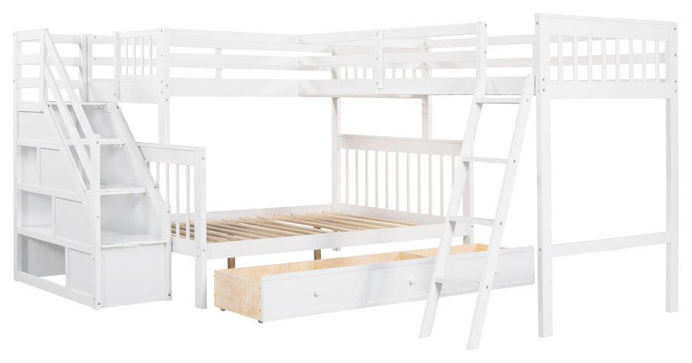 Gewnee Wood Twin over Full L-Shaped Bunk Bed With 3 Drawers in White