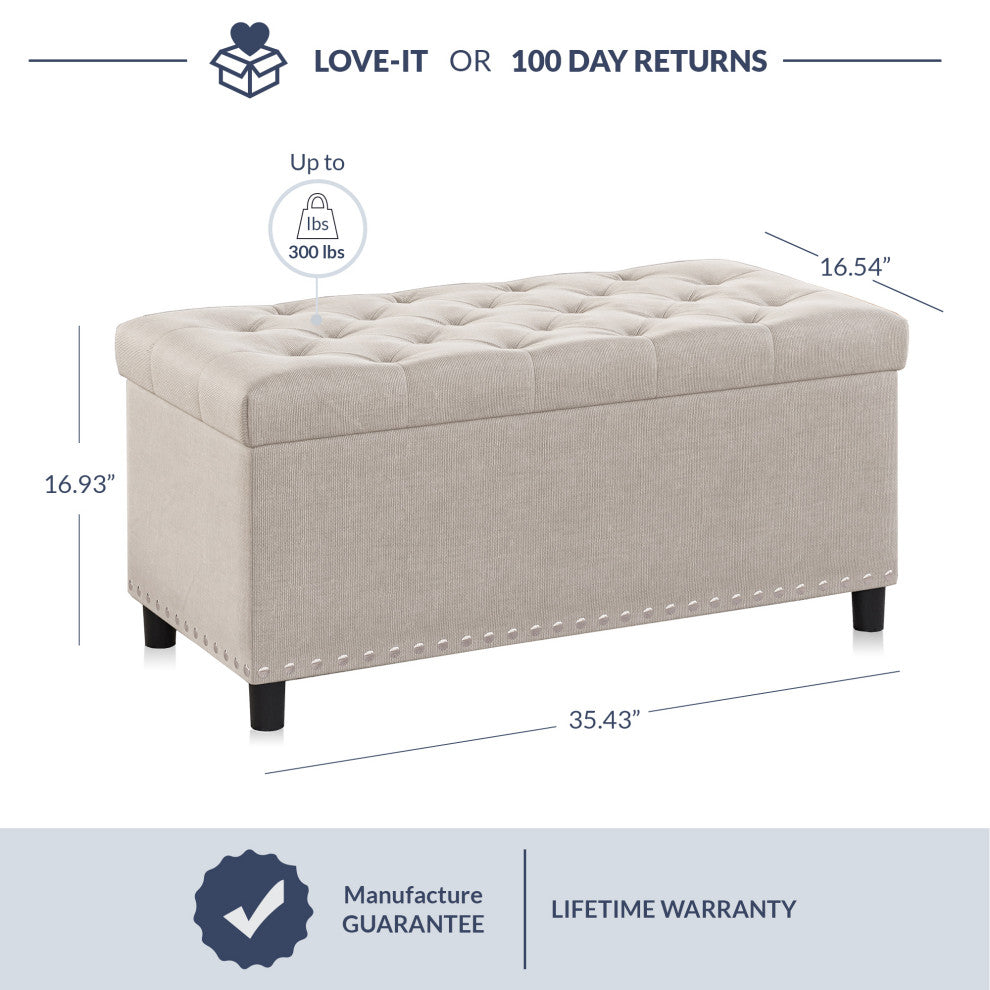 35" Storage Ottoman, Button-Tufted Linen Storage Bench - Beige