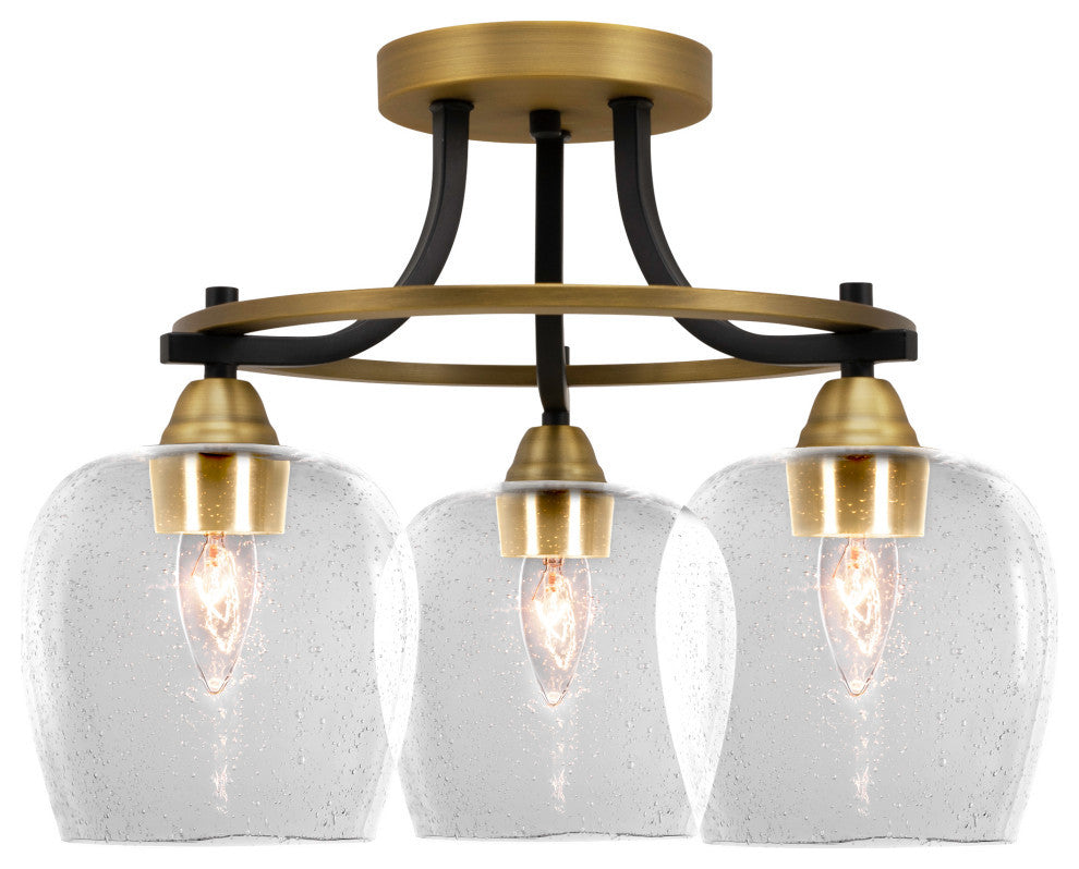 Paramount 3-Light Semi-Flush Light, Matte Black & Brass, 6" Clear Bubble Glass