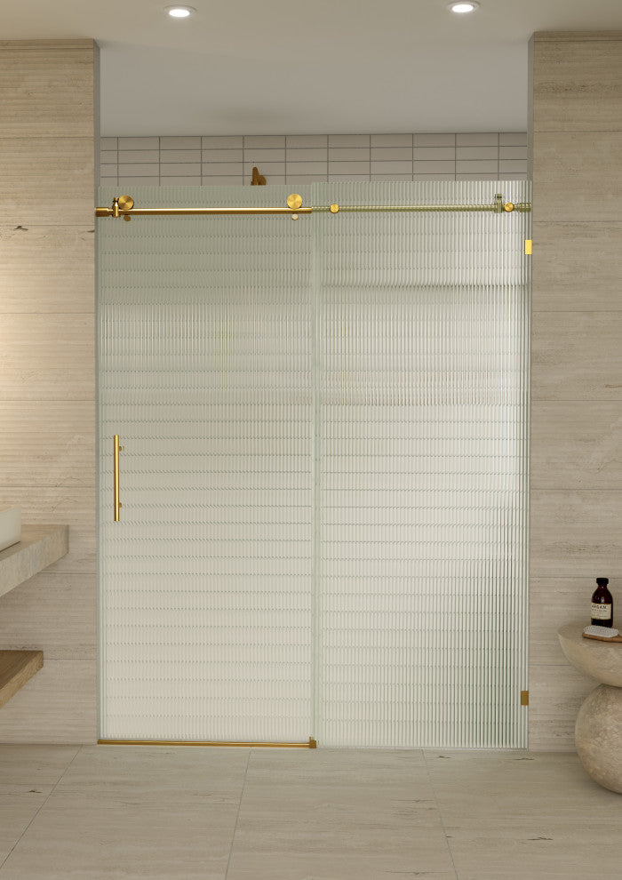Galaxy 60"x78" Frameless Glass Sliding Shower Doors, Satin Brass, Left