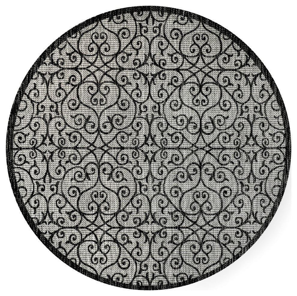 Madrid Vintage Filigree Textured Weave Indoor/Outdoor, Gray/Black, 5' Round