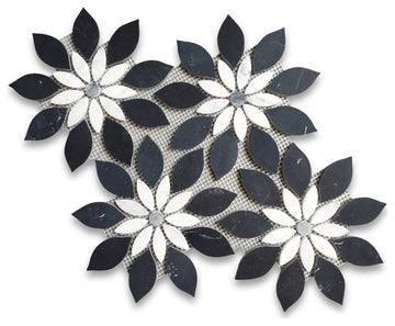 Nero Marquina Marble Wildflower Waterjet Mosaic Tile White Gray Honed, 1 sheet