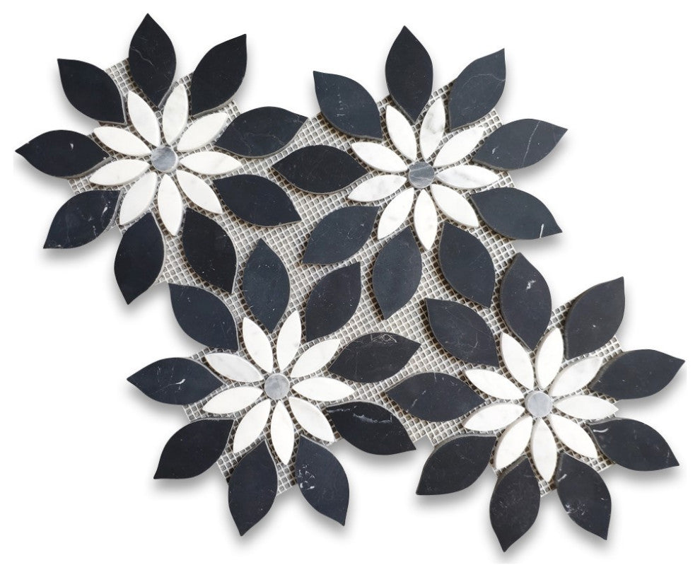 Nero Marquina Marble Wildflower Waterjet Mosaic Tile White Gray Honed, 1 sheet