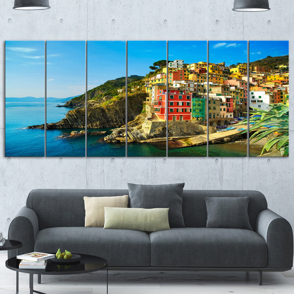 Riomaggiore Village Rocky Beach, Seascape Canvas Art Print, 83"x32", 7 Panels