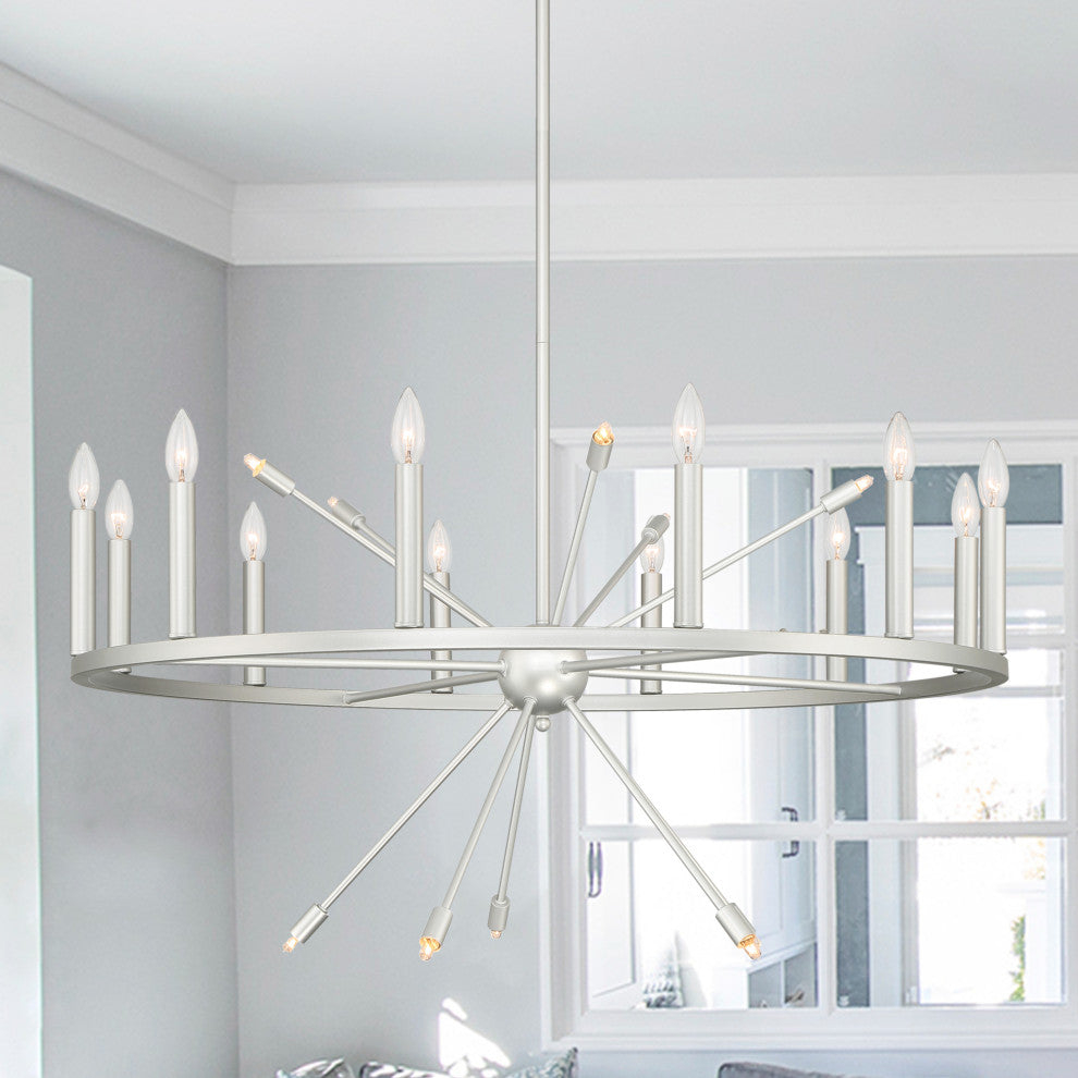22-Light Candle Style Wagon Wheel Chandelier, White/Antique Silver