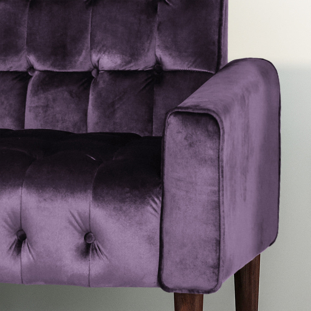 Adan Tufted Velvet Sofa With Gold Tipped Tapered Legs, Blackberry, Gold Finish