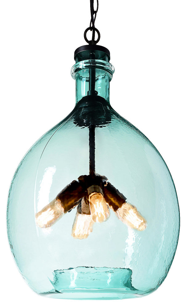Wavy Hammered Hand Blown Glass Pendant Light, Black, 16", Green Glass