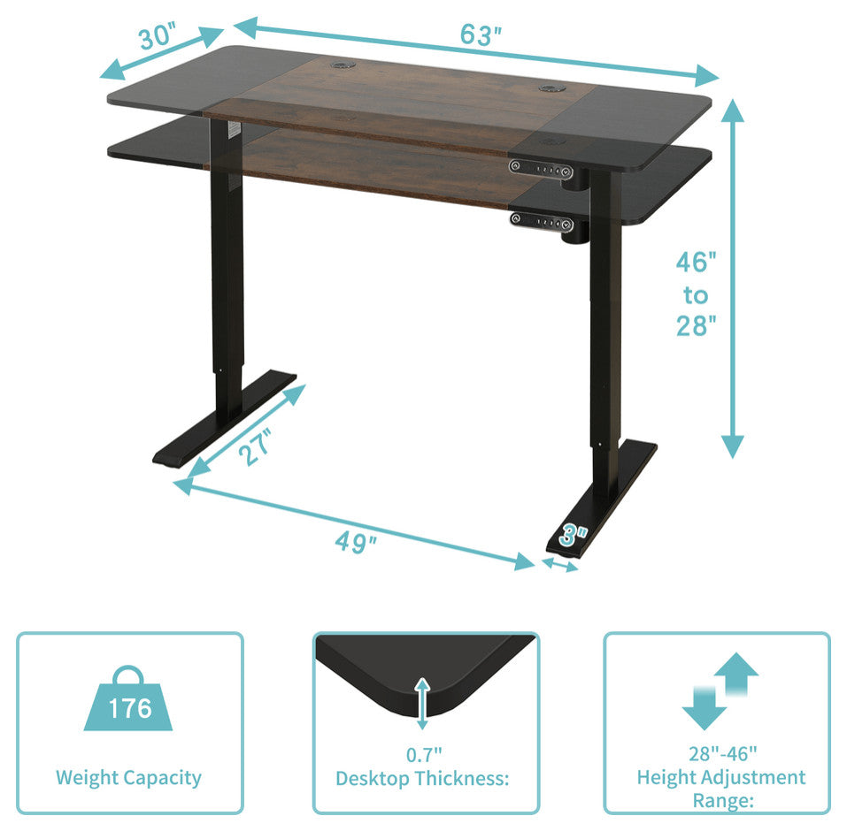 63" Adjustable Brown And Black And Black Standing Desk
