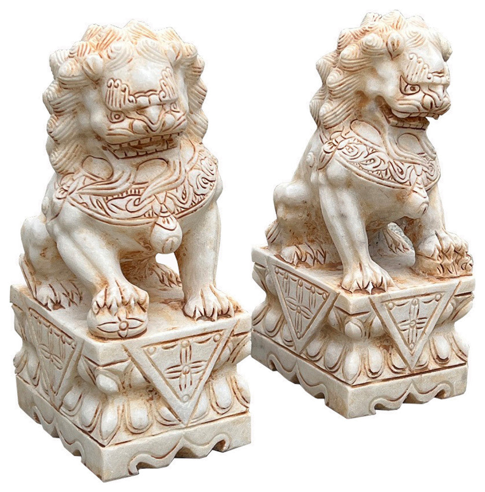 Chinese Small Pair Cream White Marble Stone Fengshui Foo Dogs Statues Hws3068