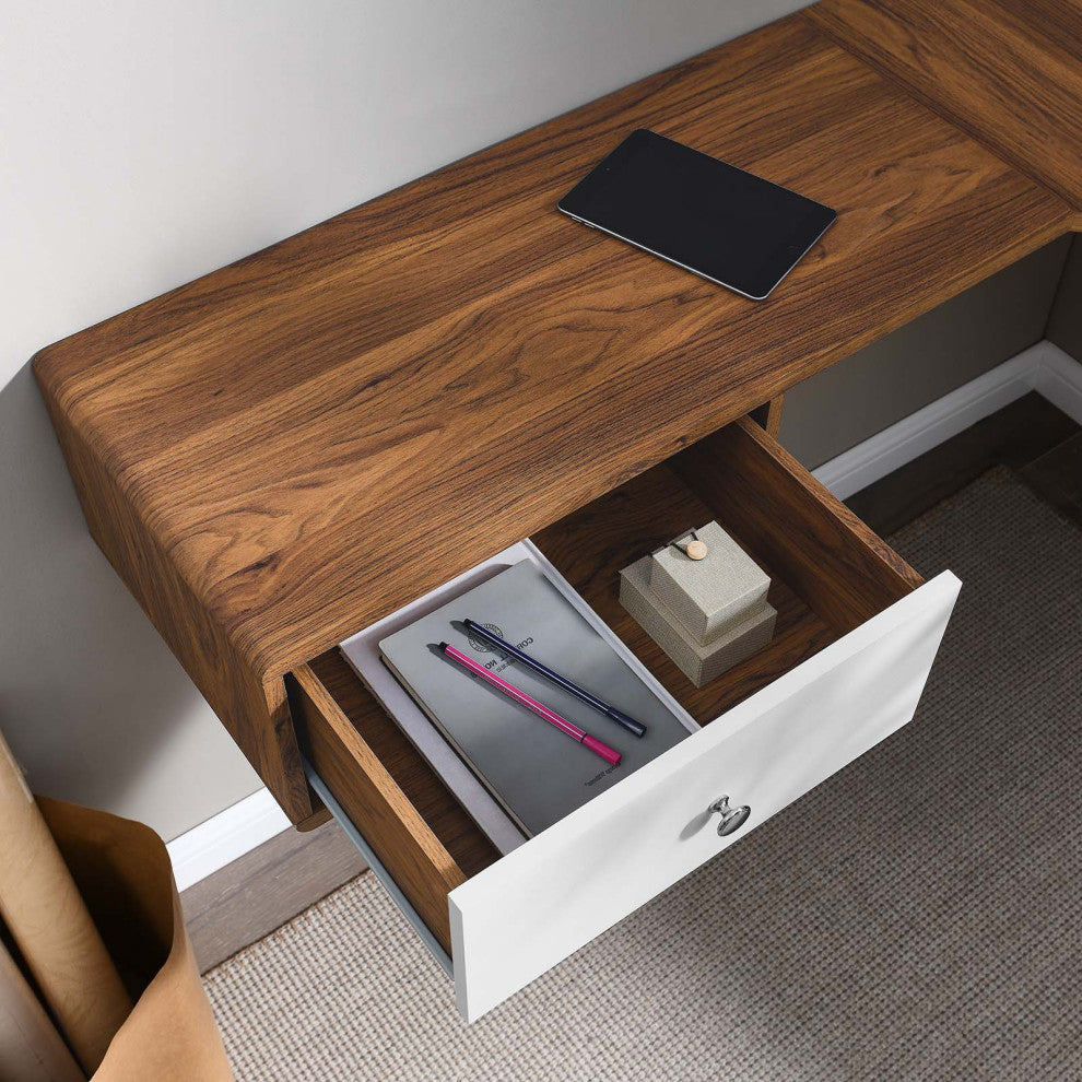 Computer Work Desk, White Walnut, Wood, Modern, Mid Century Home Office