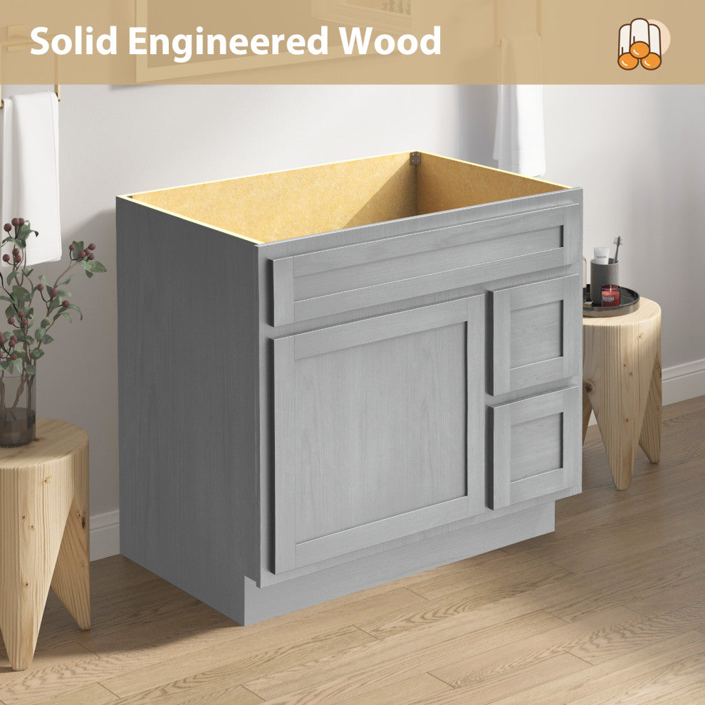 Vanity Art Vanity Base Cabinet, No Top, Drawers on Right, 36", Silver