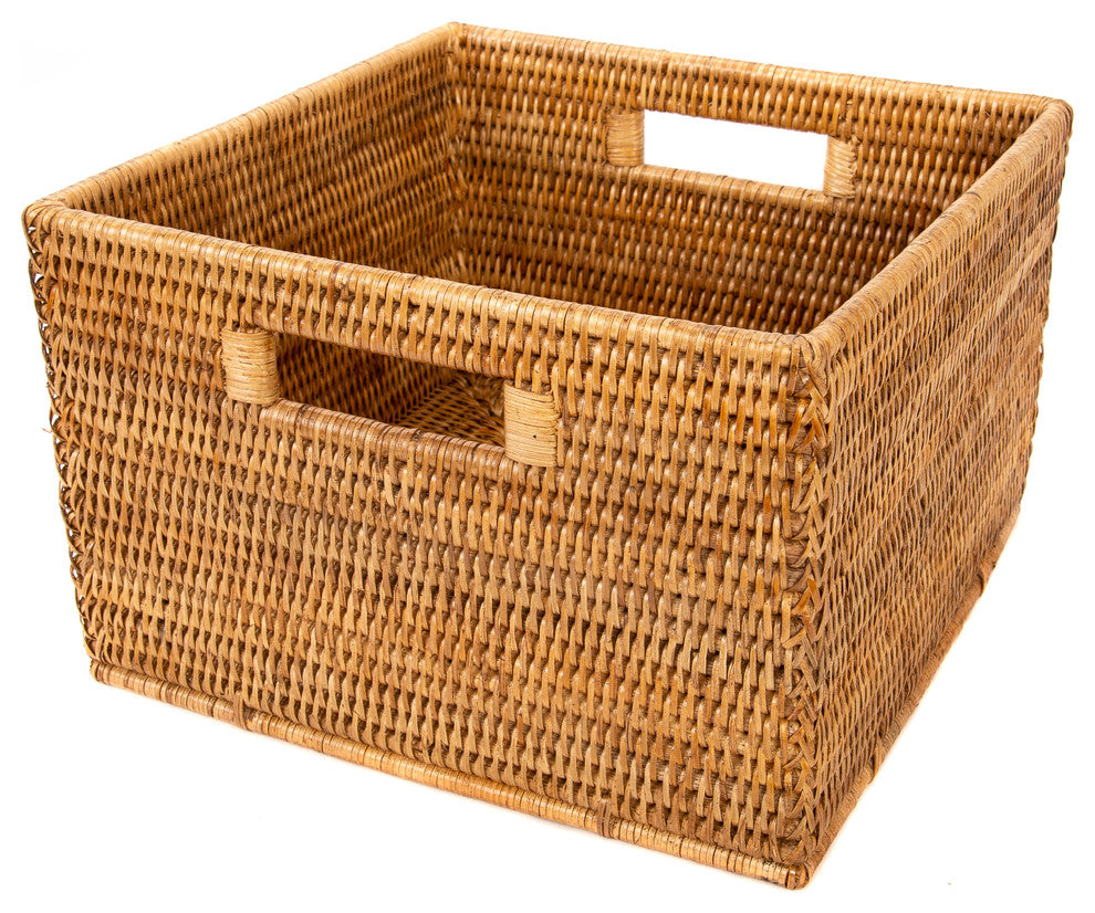 Artifacts Rattan Square Storage Basket With Handles, Honey Brown