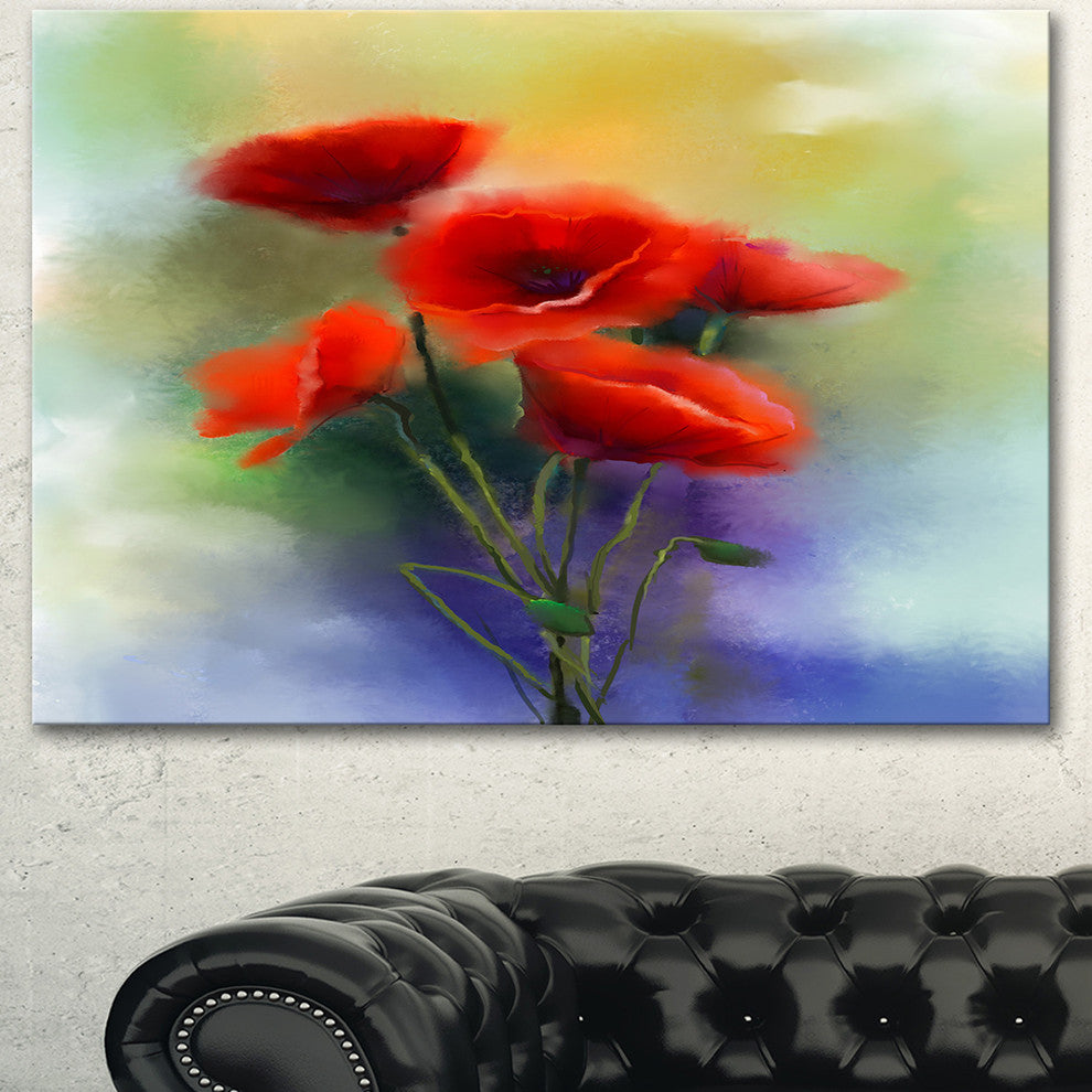 Watercolor Red Poppy Flowers Painting, Large Floral Canvas Art Print, 60"x28"