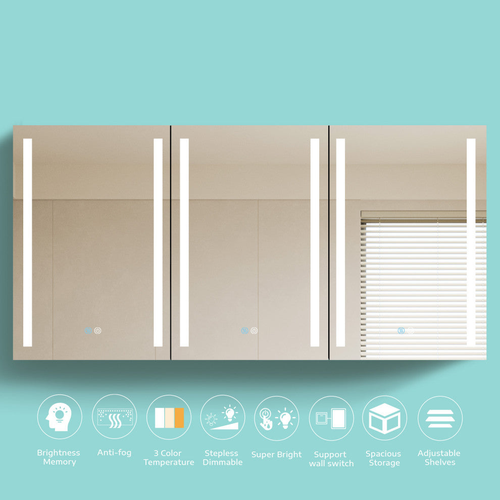 60" Aluminum Surface Mount Medicine Cabinet with Three Doors and Mirror