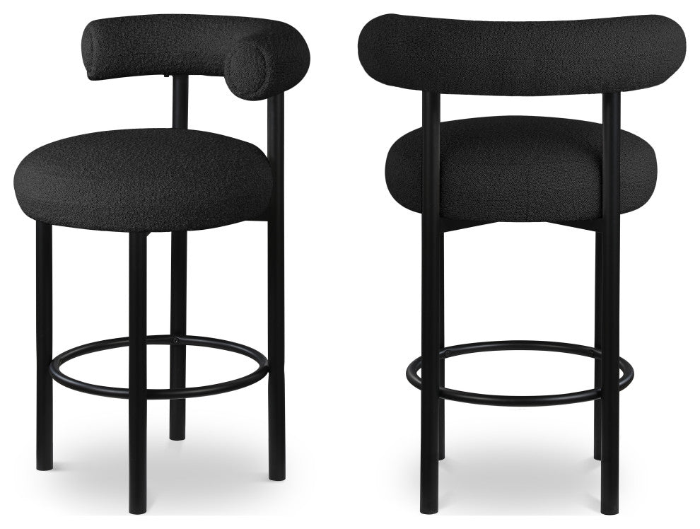 Bordeaux Upholstered Stool, Black, Boucle Fabric, Matte Black, Set of 2