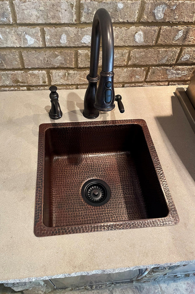 16" Square Hammered Copper Bar/Prep Sink With 3.5" Drain Opening
