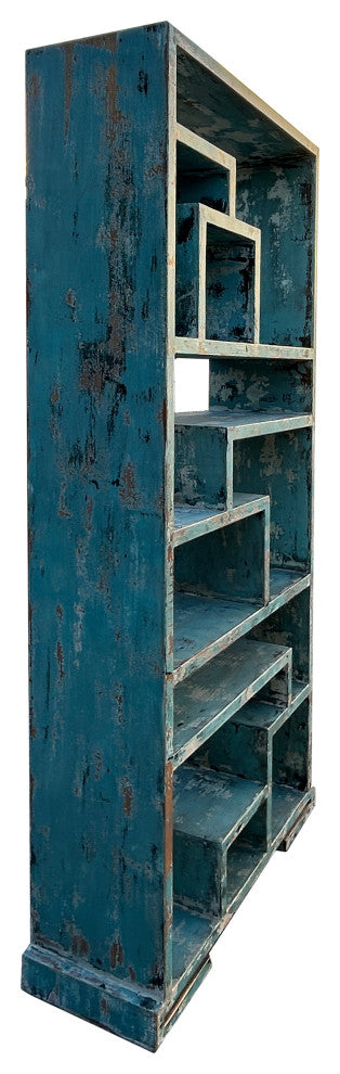 84" Distressed Blue Uneven Shelves Slim Display Cabinet Room Divider Hws4325