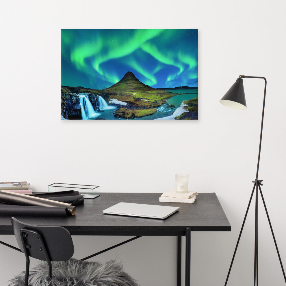 Winter Mountain Northern Lights Landscape Photo Canvas Wall Art Prints, 24" X 36"